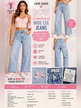 Love Soho Bow Embellished Wide Leg Jeans Size 3 Coquette Pink Ribbon Denim